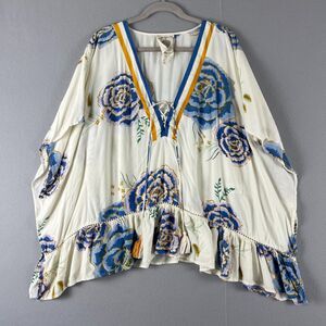 Floral Poncho Cover Up Tunic Top Womens Small Z&L Tassel Oversized Boho Swim